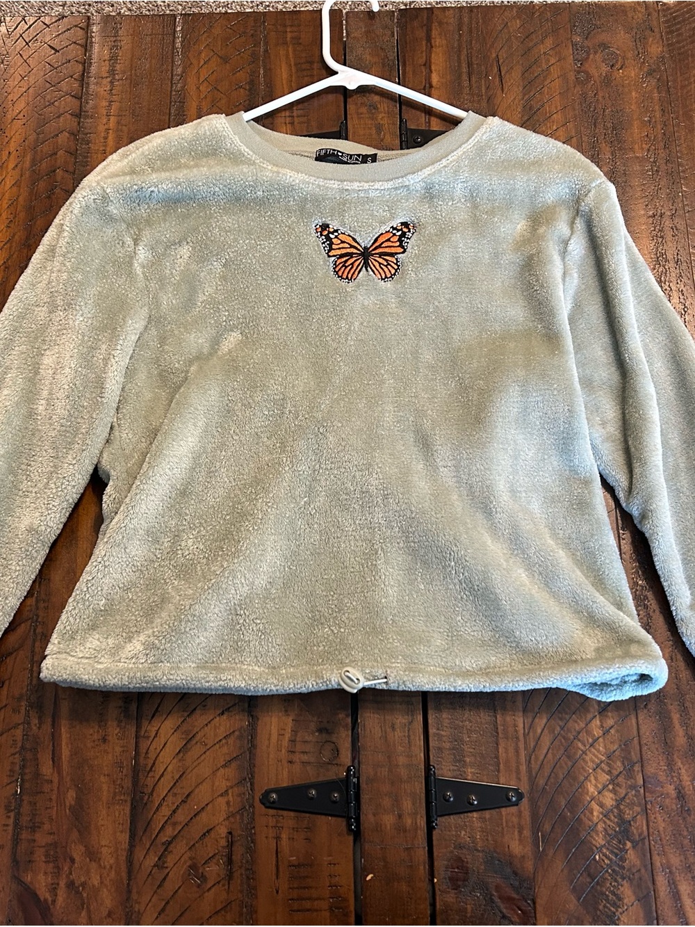 Fifth Sun Light Green Plush Pullover with Orange Butterfly